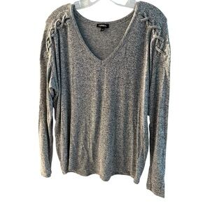 Express Gray V-Neck Lace-Up Sweater oversized long sleeve Small
